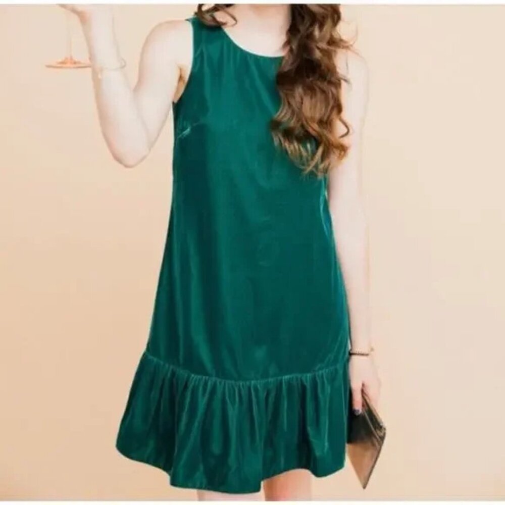 J Crew Velvet Ruffle Hem Holiday Shift Dress | Emerald Green Size 12